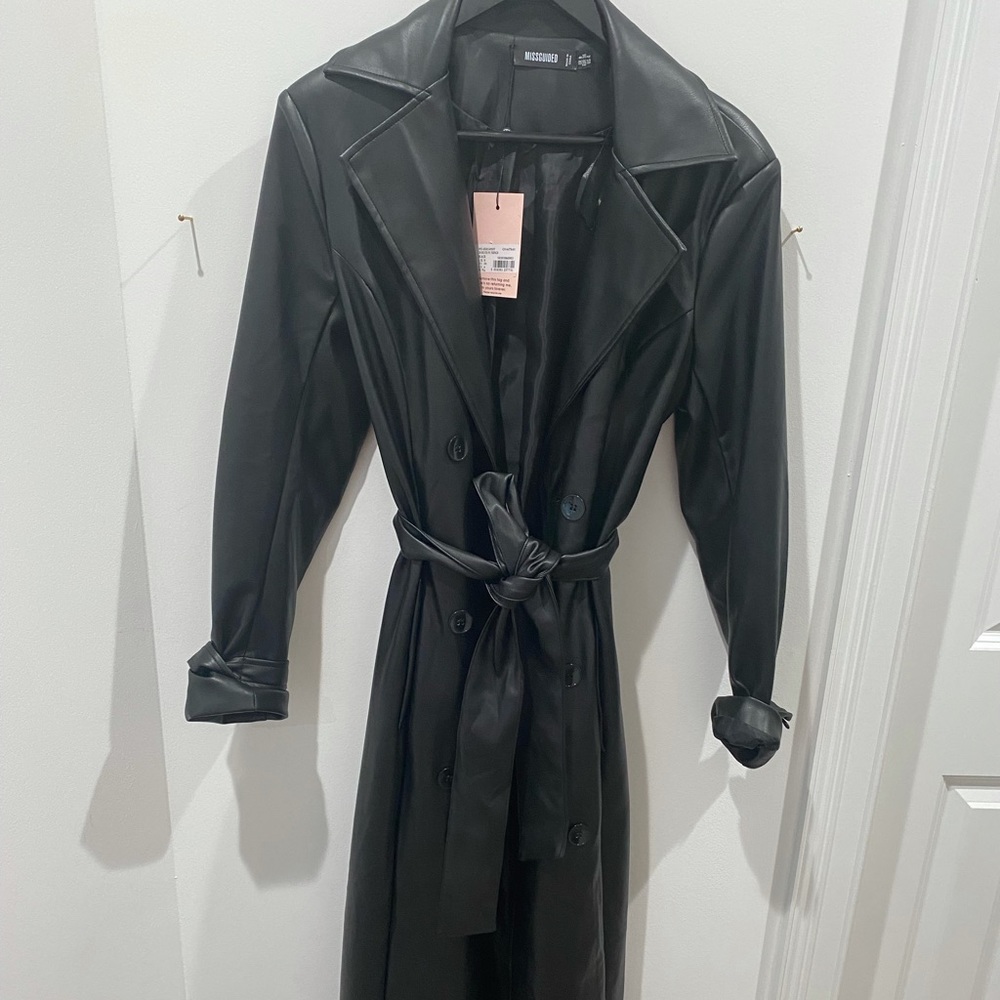 Misguided Black Long Faux Leather Trench